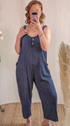 Stripey, viscose dungarees in navy
