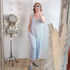 Stripey, viscose dungarees in white