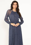 Long Sleeve Chiffon Maxi Dress Gold Lurex Flecking in Blue: L