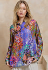 Luxurious Viscose Silk Long Sleeve Shirt In Premium Purple Garden Print: M