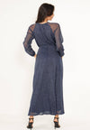 Long Sleeve Chiffon Maxi Dress Gold Lurex Flecking in Blue: L