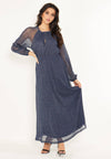 Long Sleeve Chiffon Maxi Dress Gold Lurex Flecking in Blue: L