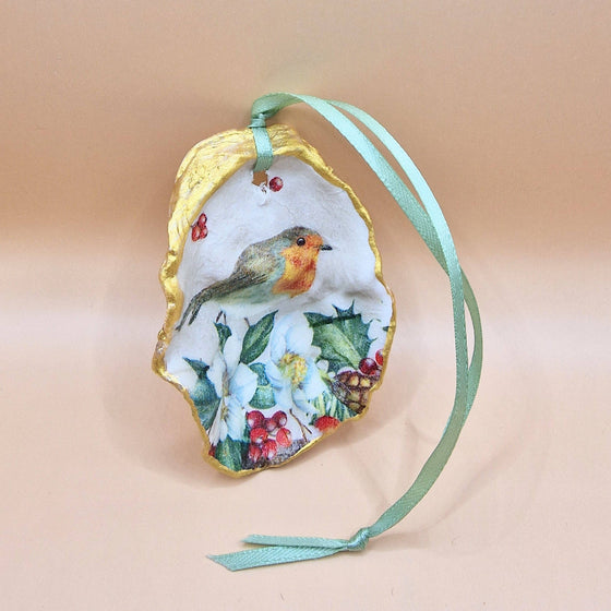 Christmas Ornament Robin Redbreast Oyster Shell Decoration