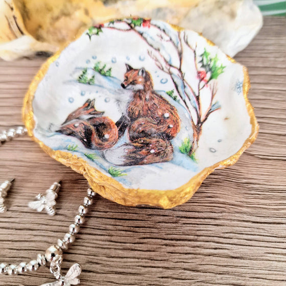 Winter Fox Cubs Oyster Shell Trinket Dish