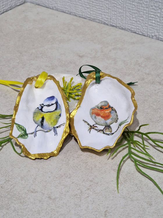 NEW Robin & Blue Tit BIrds Hanging Ornament Oyster Shells