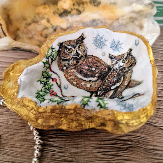 Winter Barn Owls Oyster Shell Trinket Dish