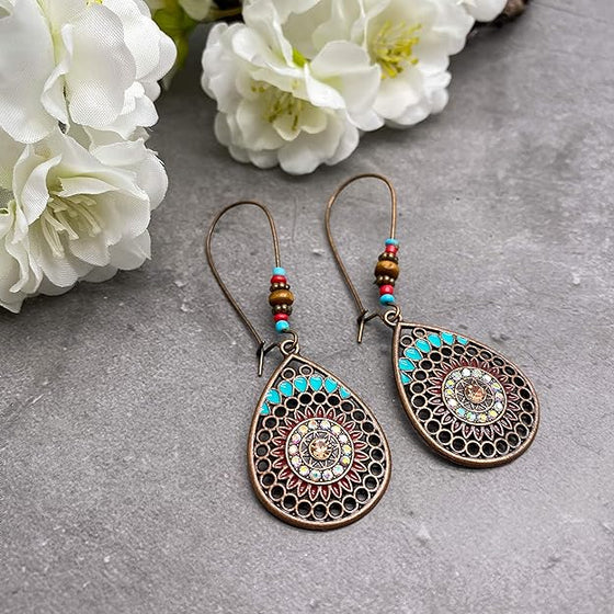 Long Mandala Hanging Teardrop Earrings