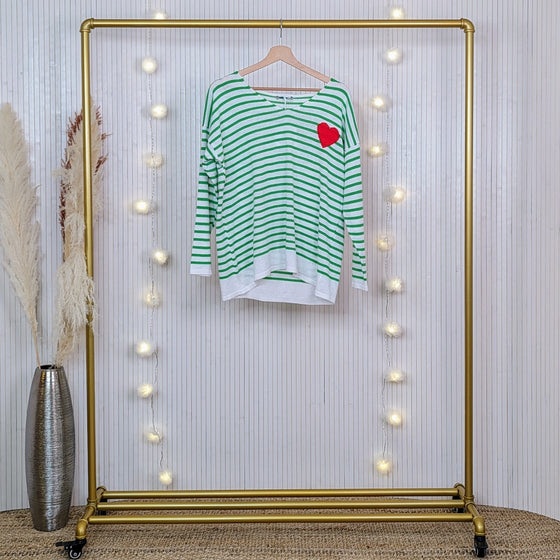 Green & White Striped V Neck Sweater