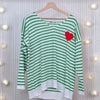 Green & White Striped V Neck Sweater