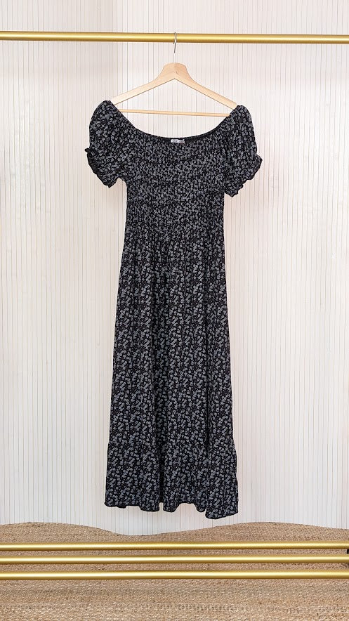 Shirred Ditsy viscose dress in black