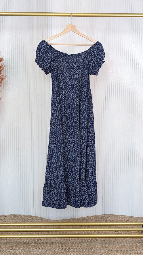 Shirred Ditsy viscose dress in Navy