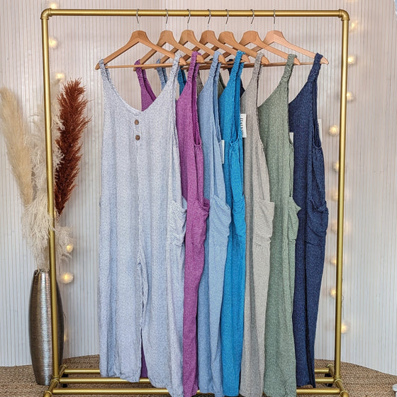 Stripey, viscose dungarees in white