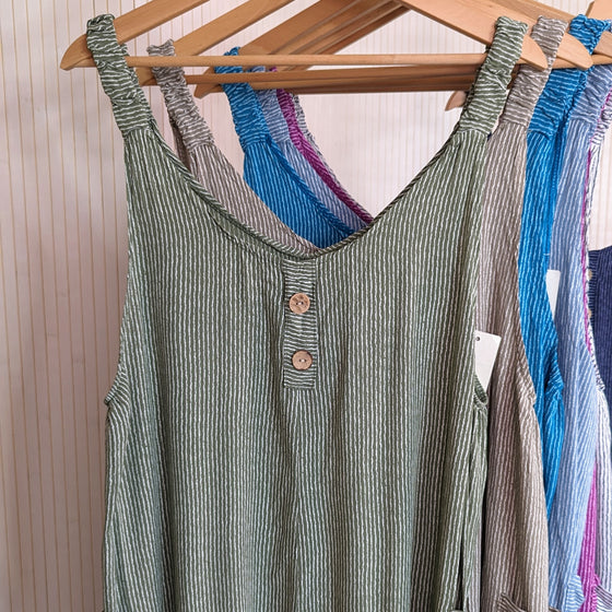 Stripey, viscose dungarees in khaki