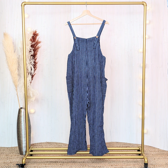 Candy stripe cotton dungarees in navy