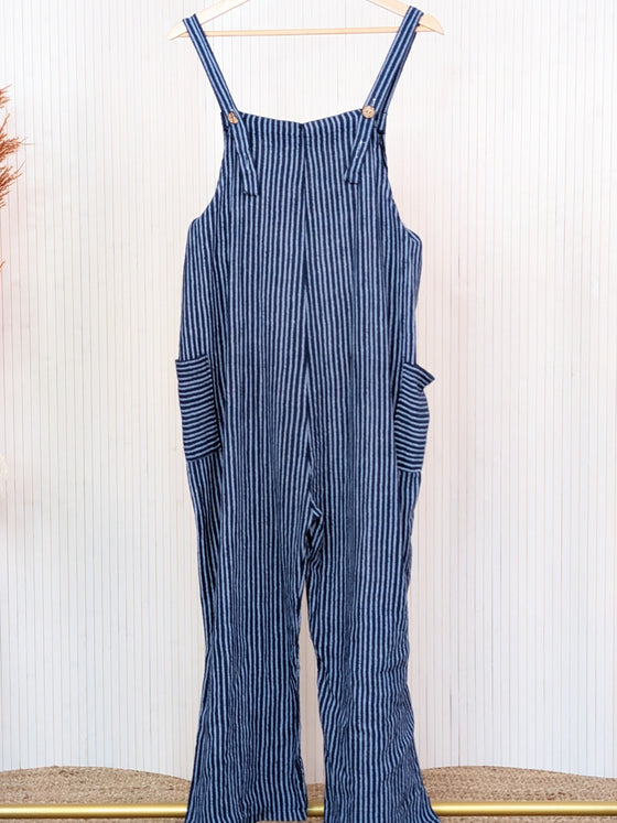 Candy stripe cotton dungarees in navy