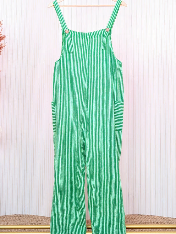 Candy stripe cotton dungarees in green