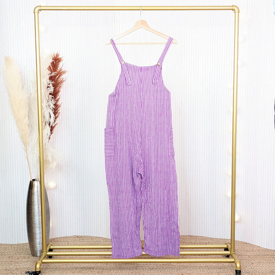 Candy stripe cotton dungarees.