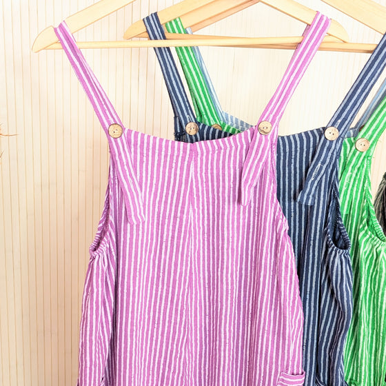 Candy stripe cotton dungarees.