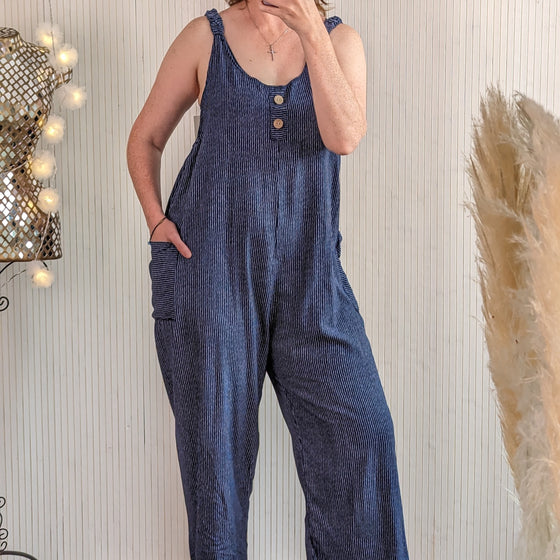 Stripey, viscose dungarees in navy