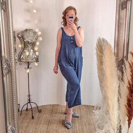 Stripey, viscose dungarees in navy