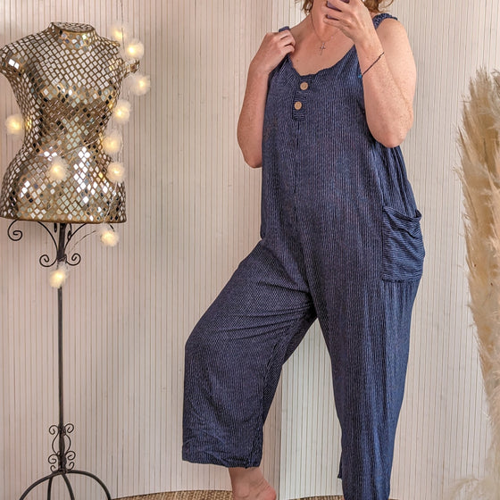 Stripey, viscose dungarees in navy