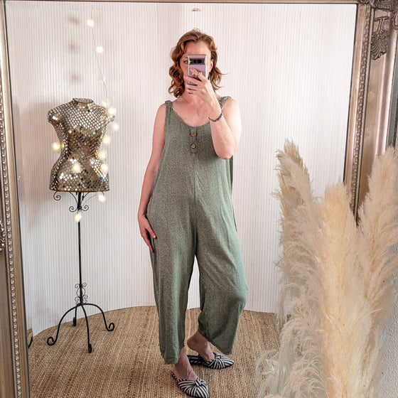 Stripey, viscose dungarees in khaki