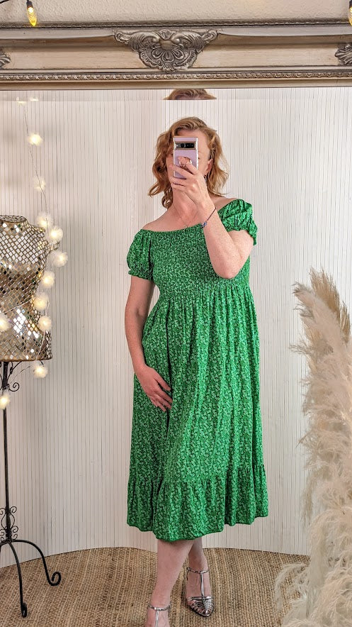 Shirred Ditsy viscose dress in green