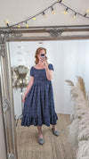 Shirred Ditsy viscose dress in Navy