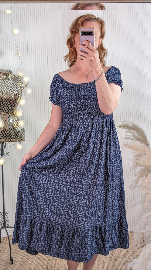 Shirred Ditsy viscose dress in Navy