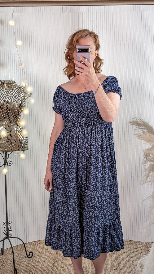 Shirred Ditsy viscose dress in Navy