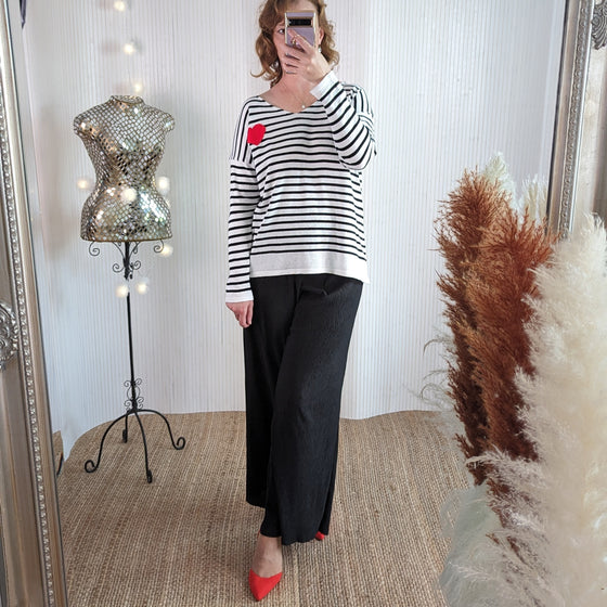 Black & White Striped V Neck Sweater