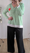 Green & White Striped V Neck Sweater