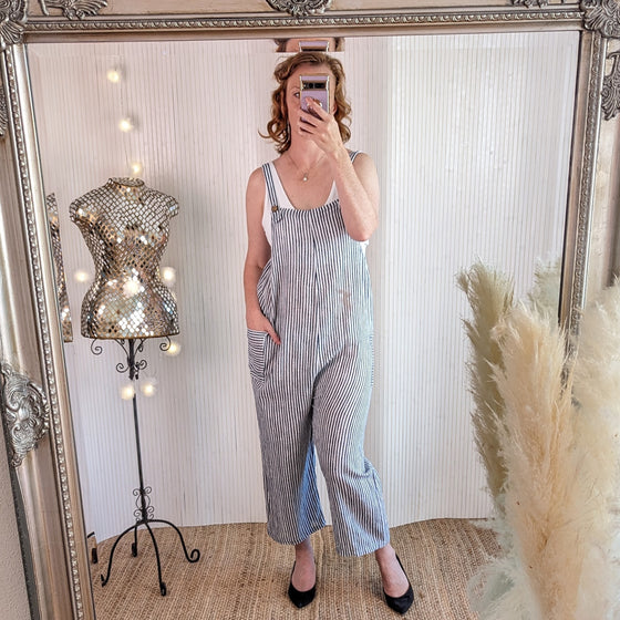 Candy stripe cotton dungarees in white
