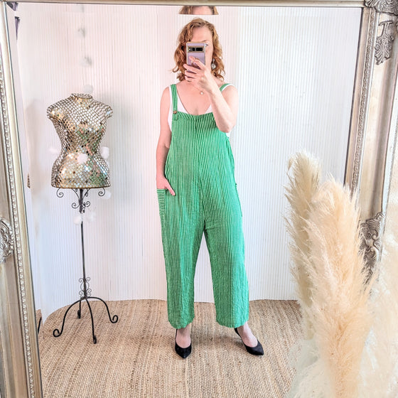 Candy stripe cotton dungarees in green