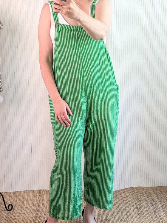 Candy stripe cotton dungarees in green