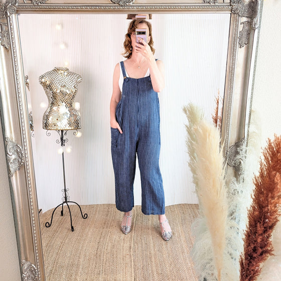 Candy stripe cotton dungarees in navy