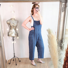  Candy stripe cotton dungarees in navy