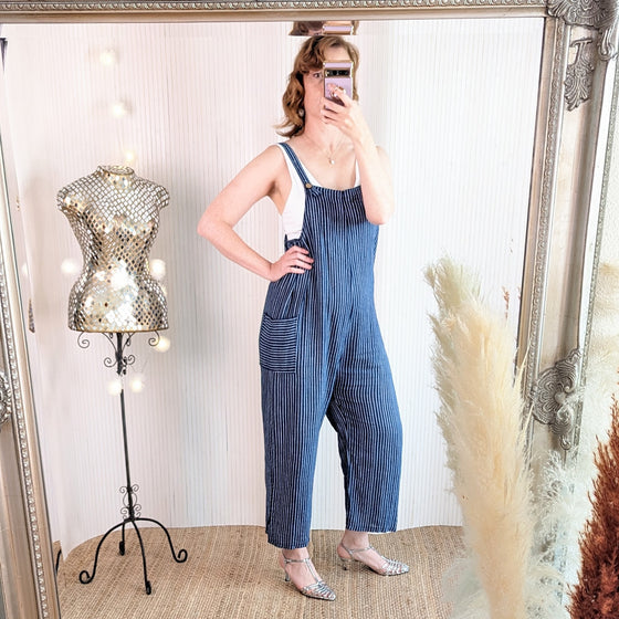 Candy stripe cotton dungarees in navy