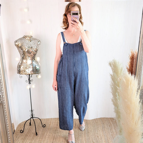 Candy stripe cotton dungarees in navy