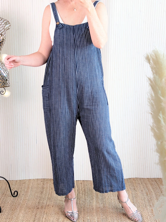 Candy stripe cotton dungarees in navy