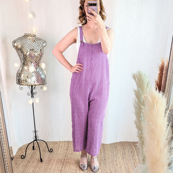 Candy stripe cotton dungarees.
