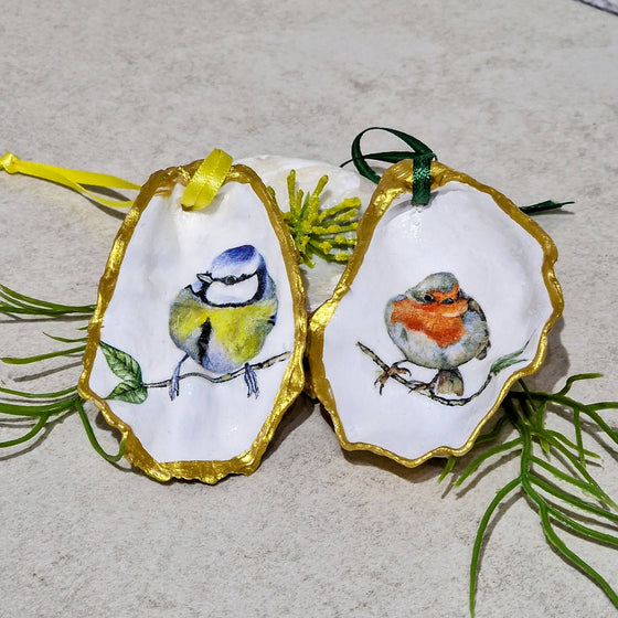 NEW Robin & Blue Tit BIrds Hanging Ornament Oyster Shells