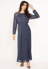 Long Sleeve Chiffon Maxi Dress Gold Lurex Flecking in Blue: L
