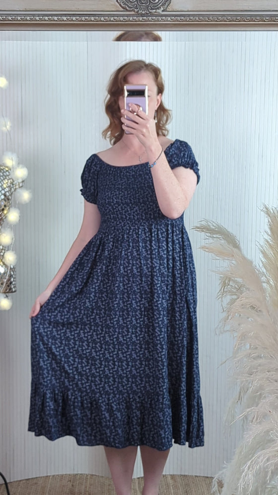 Shirred Ditsy viscose dress in Navy